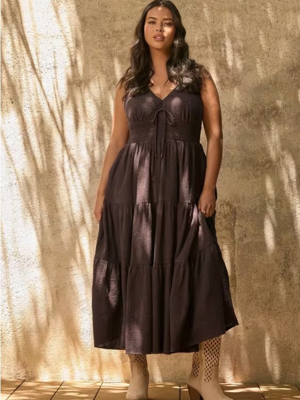 Torrid Festi Brown Tiered Midi Dress with Smocked Bodice Cotton